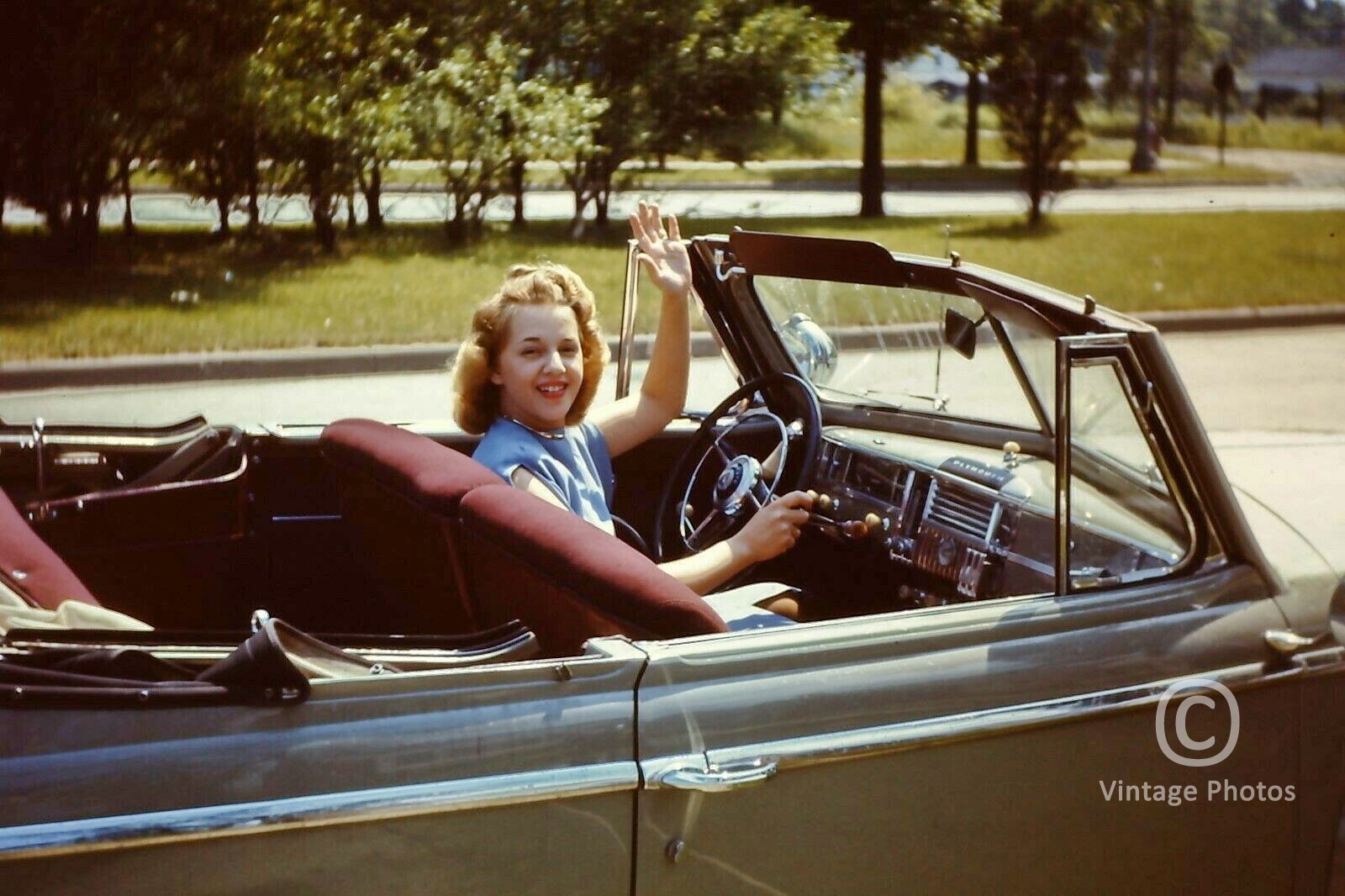 1950s American Woman Plymouth Automobile Convertible Car
