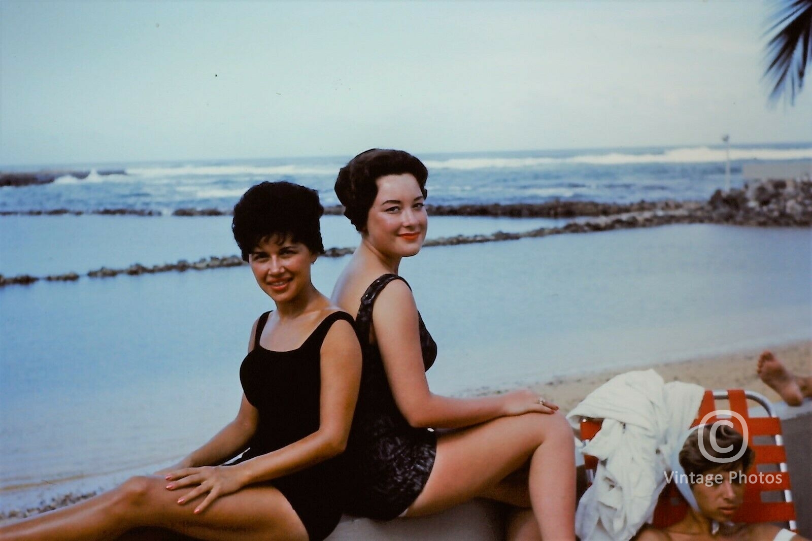 1960 American Fashion, 2 Women on Beach, Black Swimwear